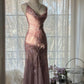 Pink  Romantic Fashion Elegant Exquisite Beaded Spaghetti Strap Long Tulle Chiffon Ruffle Ball Gown Evening Gown Party Dress gh4059