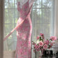 Rosa florales Vintage Perlen Spitzen langes Ballkleid Abendkleid Partykleid gh4819