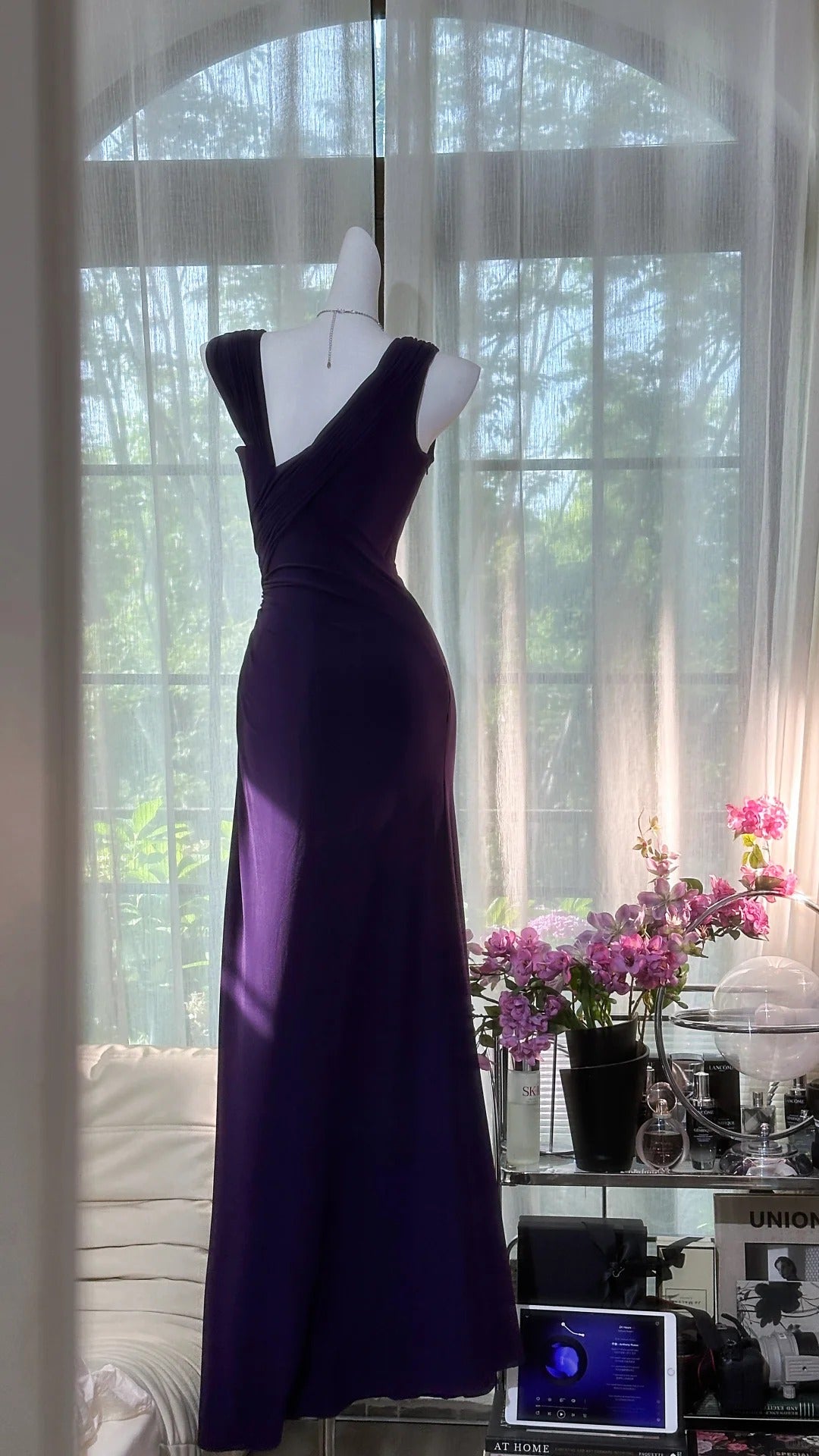Robe de soirée longue en mousseline de soie violette avec strass, robe de soirée, robe de bal, gh4677