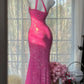 Robe longue en mousseline rose romantique féerique ornée de perles exquises, idéale pour un rendez-vous ou une soirée (gh6911)