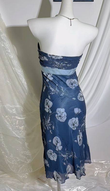 Vintage Gray Blue Strapless Printed Prom & Evening Party Dress, Fitted Waist Slim Silhouette gh8550