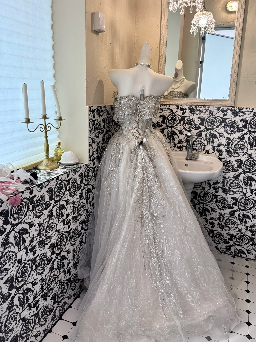 Ivory Strapless Gown with Silver Embellishments, Waist-Cinched Full Flared Vintage Romantic Dress, Wedding Gown gh7552