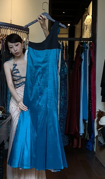 Peacock Blue One Shoulder Evening Gown 3D Flower Appliques Satin Mermaid Long Formal Prom Dress gh9732