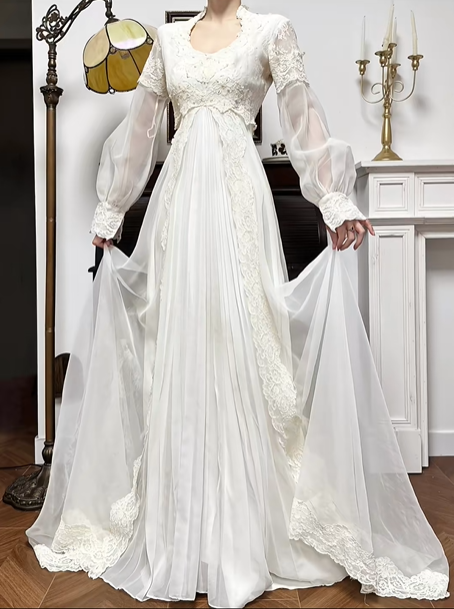 Ivory Vintage Chiffon Wedding Gown, V‑Neck Lace High Collar, Lace‑Sheer Puff Long Sleeves, Lace Appliqué Empire Waist, Draped Pleated Flowy Full Skirt, Side Lace Trim, Lace‑Edged Train, Bridal Prom Dress gh8734