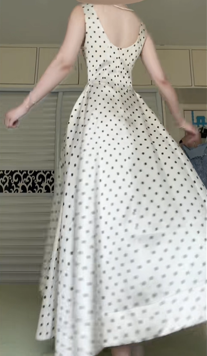 Vintage Black Polka‑Dot Satin Evening Dress, Cream Sleeveless A‑Line Long Formal Gown With Pockets for Banquet Party gh8948