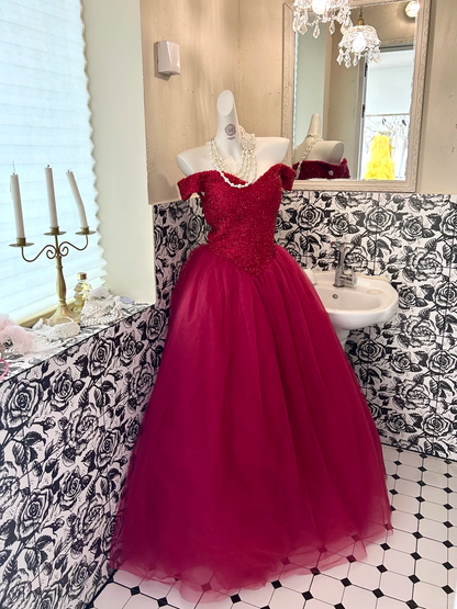 Red Off-the-Shoulder Rhinestone Cinched Waist Voluminous Skirt Long Romantic Dress, Wedding Gown gh7808