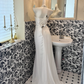 White Strapless Waist-Cinched Fitted Ruched Sexy Romantic Dress, Wedding Gown gh7608