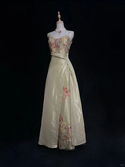 Spaghetti Straps Vintage Prom Dress Light Olive Taffeta Paisley Floral Embroidery Formal Gown gh9548