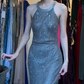 Dusty Blue Beaded Halter Mermaid Evening Dress With Pockets gh9675