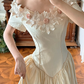 Light Cream Beige Vintage Off‑the‑Shoulder 3D Fabric Floral Short Sleeve Pointed Fitted Waist Full Flared Train Long Prom Gown, Wedding Dress gh8617