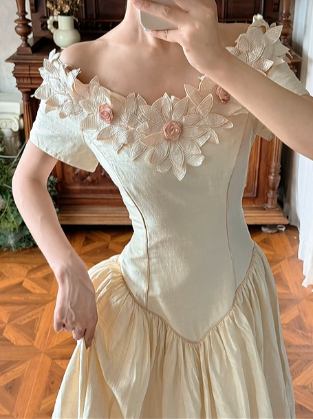 Light Cream Beige Vintage Off‑the‑Shoulder 3D Fabric Floral Short Sleeve Pointed Fitted Waist Full Flared Train Long Prom Gown, Wedding Dress gh8617