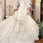 Off‑White Vintage Victorian High‑Neck Lace Bubble Flare Sleeve Tiered Ruffle Train Prom Gown, Wedding Dress gh8605