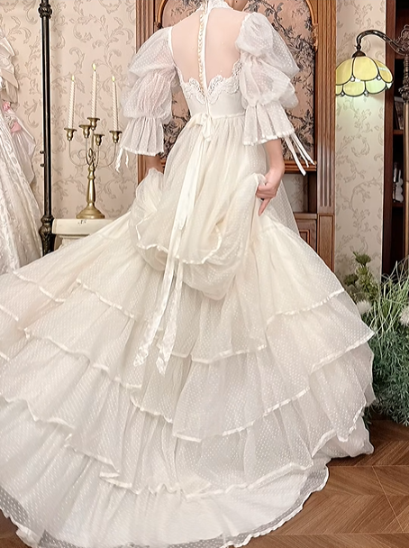 Off‑White Vintage Victorian High‑Neck Lace Bubble Flare Sleeve Tiered Ruffle Train Prom Gown, Wedding Dress gh8605