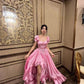 Rosa Retro Elegantes Süßes Kurzarm Lange Rüschen Rückenfreies Schnüren Langes Satin Abendkleid Geburtstagspartykleid Homecomingkleid gh3144