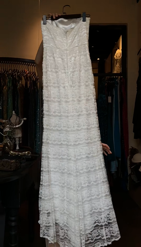 White Strapless Lace Evening Gown Scalloped Edge Sequin Mermaid Long Wedding Guest Prom Dress gh9725