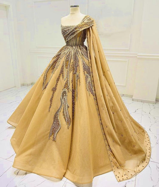 Robe de soirée longue en tulle à perles, magnifique et exquise, jaune doré gh3194