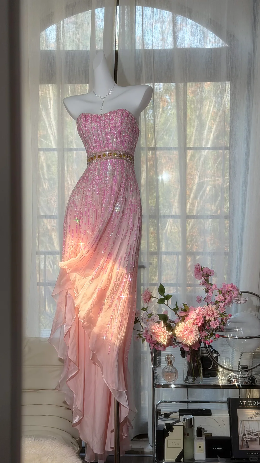 Ombre Pink Strapless Fully Sequin Evening Gown with Colorful Rhinestone Waistband & Irregular Ruffle Mermaid Skirt, Prom Dress gh9535
