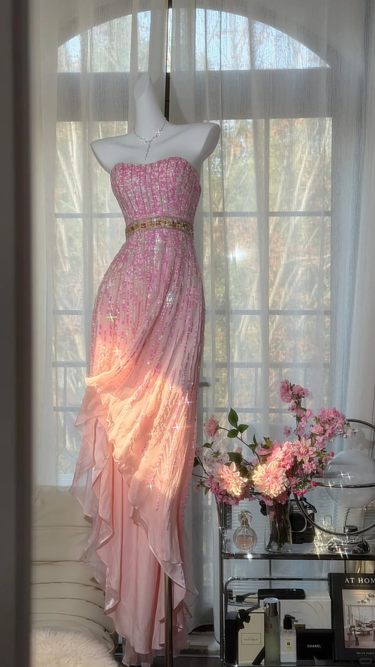 Ombre Pink Strapless Fully Sequin Evening Gown with Colorful Rhinestone Waistband & Irregular Ruffle Mermaid Skirt, Prom Dress gh9535