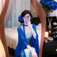Blue‑White Ink‑Wash Spaghetti Straps Evening Gown, Chiffon Cape Set Tie‑Dye Print Long Prom Dress gh9134