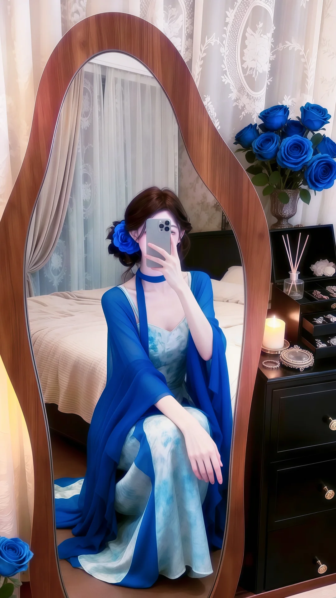 Blue‑White Ink‑Wash Spaghetti Straps Evening Gown, Chiffon Cape Set Tie‑Dye Print Long Prom Dress gh9134