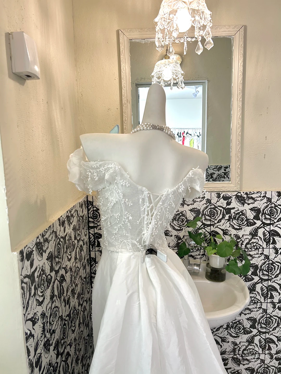 White Off Shoulder Lace Trim Neck Waist-Cinched Slit Sexy Romantic Dress, Wedding Gown gh7675