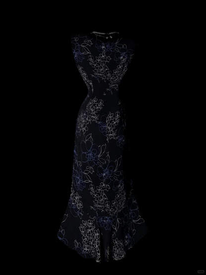 Black Evening Gown With Blue‑White Line Floral Print, Sleeveless Round Neck, Fitted Waist, Midi Mermaid Ruffled Hem, Vintage Formal Prom Party Dress gh8894