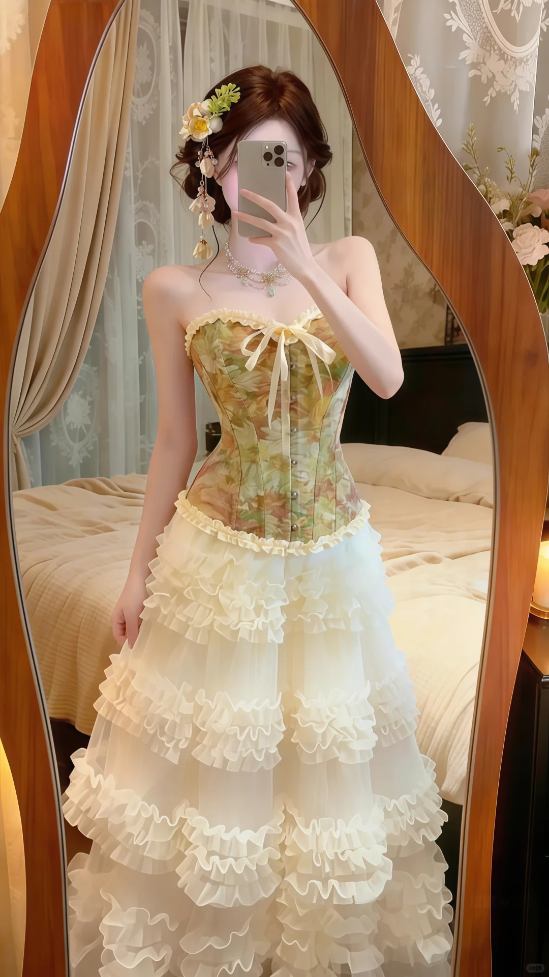 Oil‑Painting Green 2‑Piece Evening Gown, Strapless Printed Corset Top Tiered Ruffle Tulle Skirt Prom Dress gh9141
