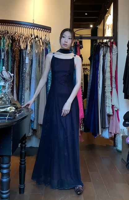 Spaghetti Straps Square Neck Navy Blue Evening Gown Choker Neck Sparkly Mesh A-Line Long Prom Dress gh9697