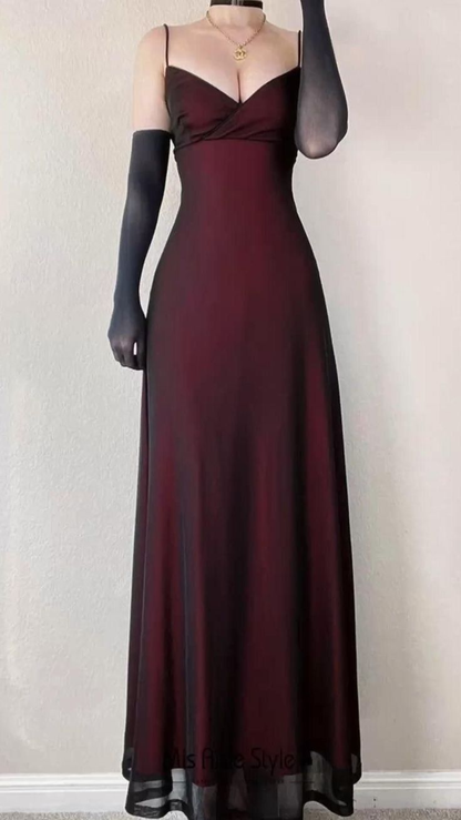 ✨Girlhomeshops-Burgundy Twist Front Deep V Satin A-Line Formal Prom Gown with Sheer Hem gh10274