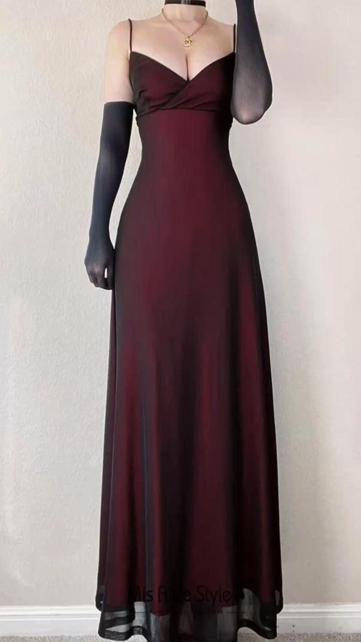 ✨Girlhomeshops-Burgundy Twist Front Deep V Satin A-Line Formal Prom Gown with Sheer Hem gh10274