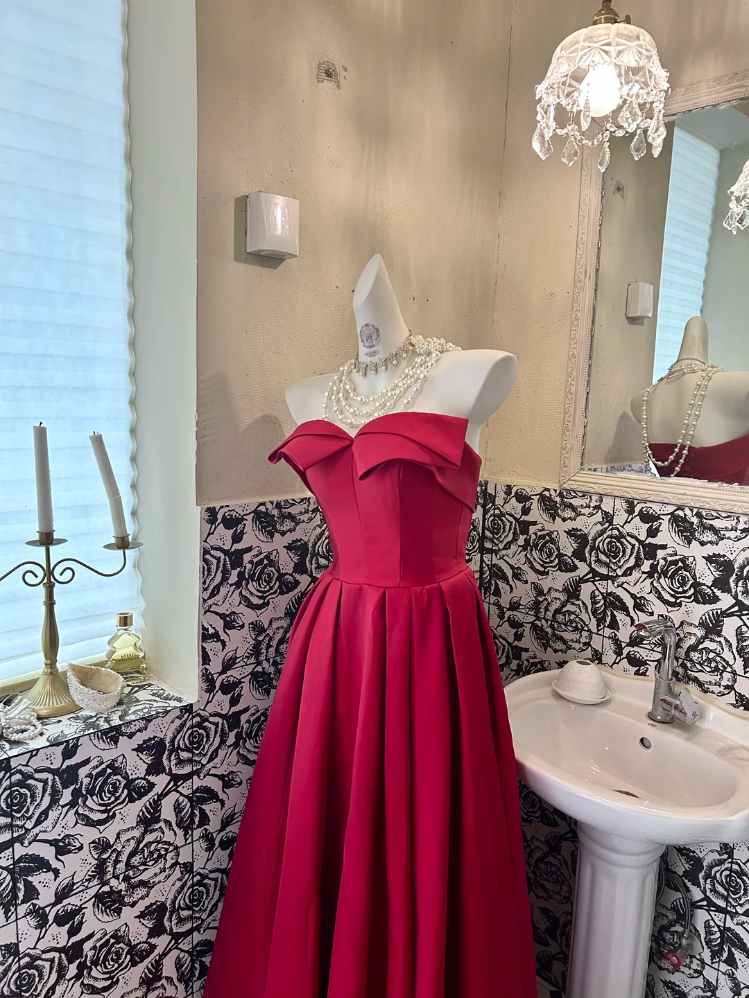 Red Satin Strapless Waist-Cinched Full Flared Skirt Sexy Romantic Dress, Wedding Gown gh7691