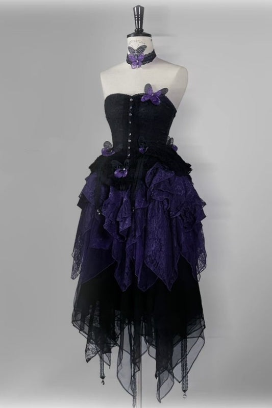 girlhomeshops - Robe de soirée courte en tulle violet et noir à motif papillon gh5767
