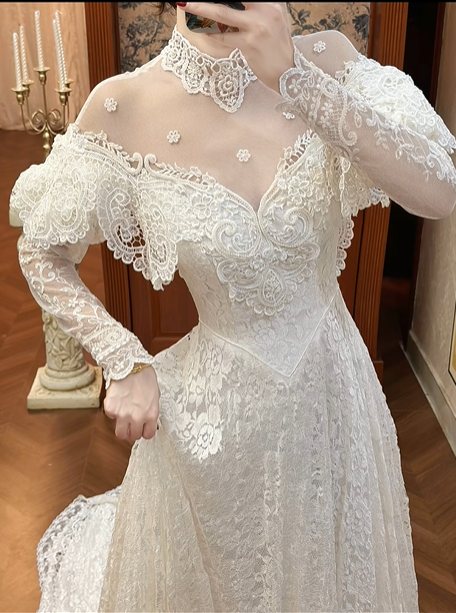 Off‑White Vintage Lace Illusion High‑Neck Off‑the‑Shoulder Ruffle Long Sleeve Fitted Waist Full Lace Train Long Prom Gown, Wedding Dress gh8612