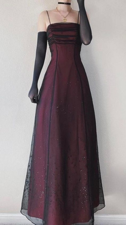 ✨Girlhomeshops-Burgundy Black Sparkle Tulle Ruched A Line Formal Prom Gown gh10249