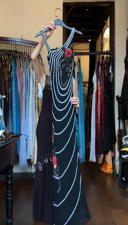 One Shoulder Black Chiffon Prom Dress Hand Beaded Circular Rhinestone 3D Red Flower Vintage Evening Gown gh9825