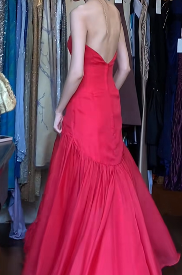 Red Vintage Prom Dress Strapless Sweetheart Neck Fitted Waist Pleated Chiffon Flowy Long Evening Gown gh9619
