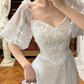 Ivory Vintage Tulle Wedding Gown, Sweetheart Neckline, Ruffle Puff Short Sleeves With Lace Appliqués, Fitted Lace Bodice, Multi‑Ribbon Trim Tulle Long Train Prom Dress gh8632
