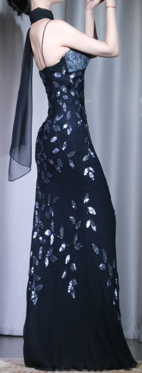 ✨Girlhomeshops-Spaghetti Strap Black Leaf Sequin Mermaid Long Evening Gown With Shawl gh10006