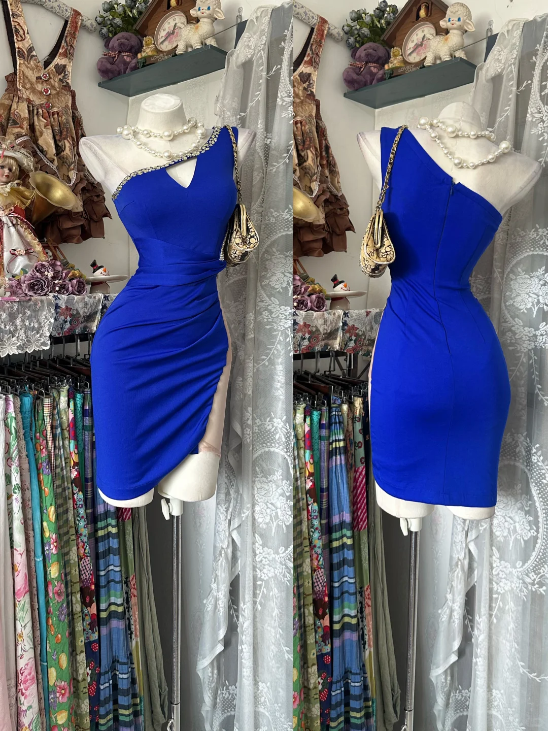 Sexy Short Royal Blue Vintage One Shoulder Fitted Waist Slim Bodycon Prom & Evening Party Dress gh8482
