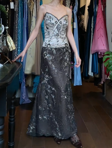 Black Grey Ombre Vintage Prom Dress Spaghetti Straps Sweetheart Hand Beaded Embroidery Mermaid Long Evening Gown gh9622