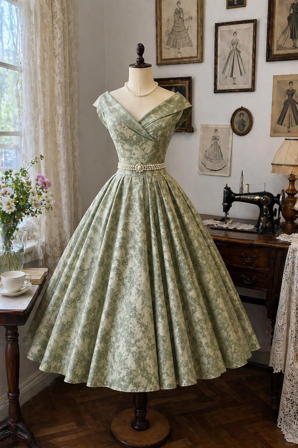 Sage Green Vintage Floral Midi Dress, Off‑Shoulder Fold‑Over V‑Neck Cap Sleeve Pearl Beaded Waistband High Waist Full A‑Line Swing Skirt Party Gown gh9101