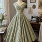 Sage Green 1950s Vintage Evening Gown, Fold‑Over Off‑The‑Shoulder V‑Neck, Pearl Embellished Waist Belt, Floral Jacquard, Full A‑Line Swing Midi Skirt, Party Prom Dress gh8923