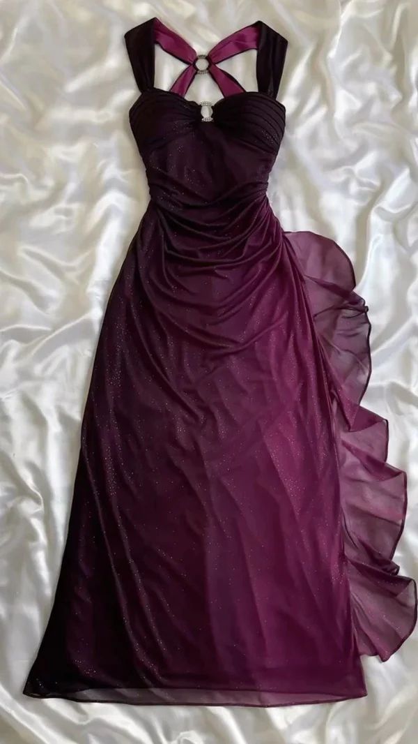 Robe de soirée longue en tulle violet brillant et élégant avec bretelles dégradées gh3203