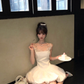 Women Elegant White Spaghetti Strap Homecoming Dress Lace Neck Boned Corset Bubble Puff Short Party Dress gh9432