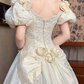 Cream Vintage Satin Ball Gown, Sweetheart Neck Puff Short Sleeves With 3D Floral Accents, Heavy Lace Beaded Appliqué Pointed Waist, Voluminous Full Skirt With Scalloped Lace Hem, Wedding Prom Dress gh8637