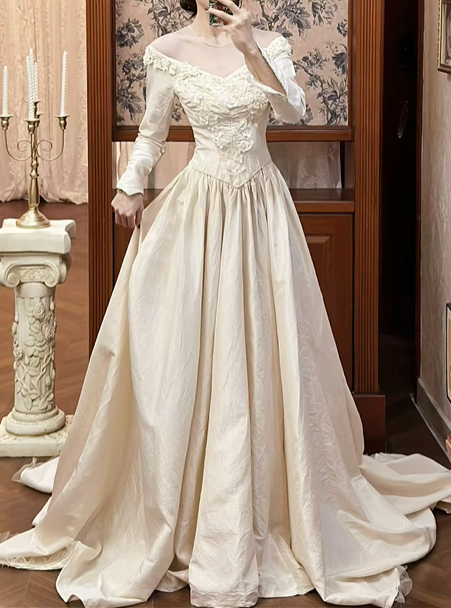Light Champagne Apricot Vintage Off‑the‑Shoulder V‑Neck 3D Floral Lace Long Satin Sleeve Fitted Waist Full Flared Train Long Prom Gown, Wedding Dress gh8613