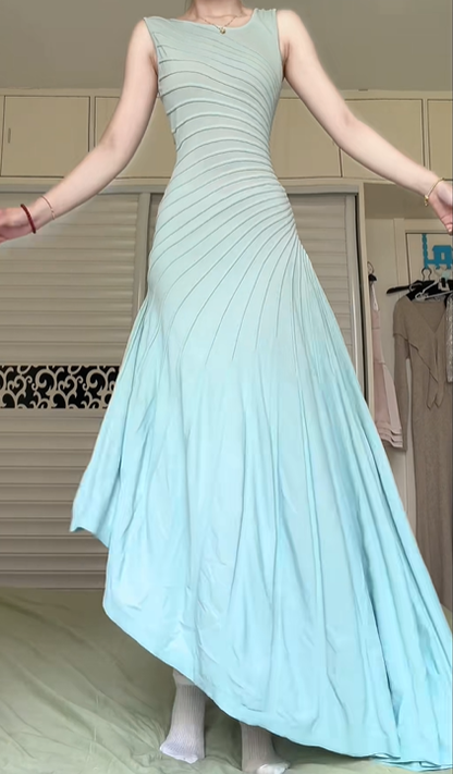 Mint Green Sleeveless Round Neck Long Evening Gown, Diagonal Pleated Bodice Flowy Maxi Formal Prom Dress gh9012