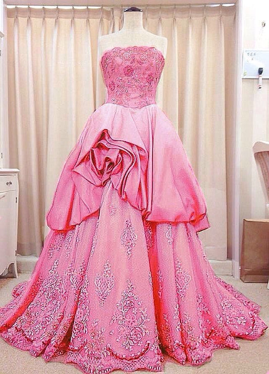 Rosa Glitzer Blumen Perlenbesatz Elegantes Langes Tüll Ballkleid Abendkleid Abschlusskleid gh3348