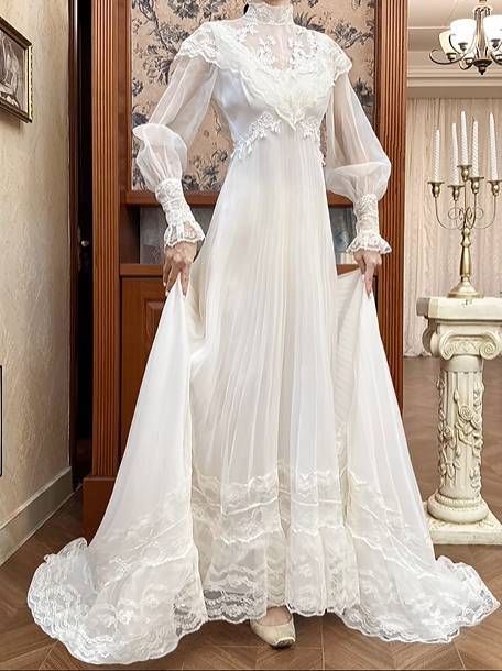 Ivory Vintage Pleated Tulle Wedding Prom Dress, Lace High Neck Illusion V‑Neck, Puff Long Sleeves, Floral Lace Appliqués, High Waist, Multi‑Tier Lace Long Train gh8681