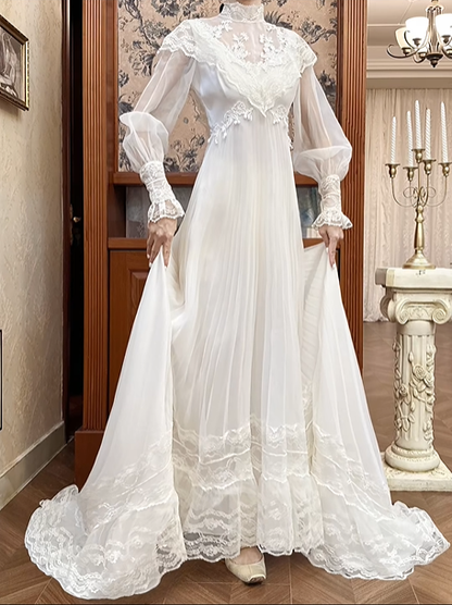 Ivory Vintage Pleated Tulle Wedding Prom Dress, Lace High Neck Illusion V‑Neck, Puff Long Sleeves, Floral Lace Appliqués, High Waist, Multi‑Tier Lace Long Train gh8681